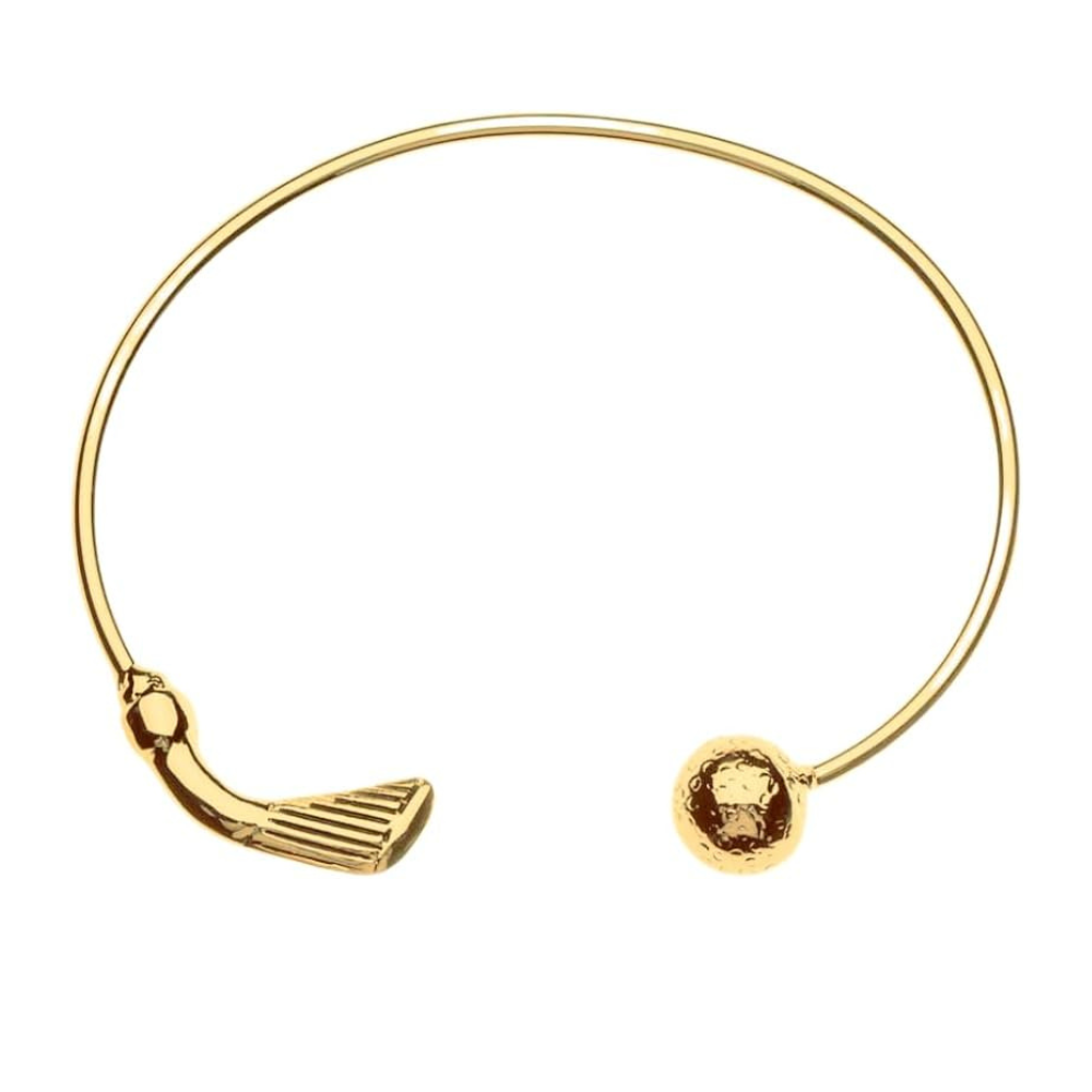 Gold cuff bracelet featuring a golf club and ball design, perfect golf jewelry gift for women golfers.