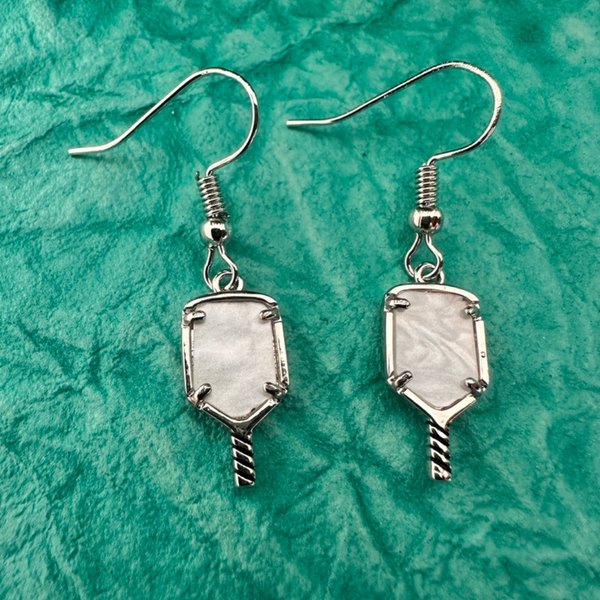Silver Pickleball Mother of Pearl Dangle Earrings