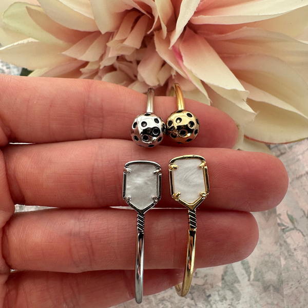 Pickleball Mother of Pearl Cuff Bracelet with gold and silver details, ideal pickleball jewelry gift for women.