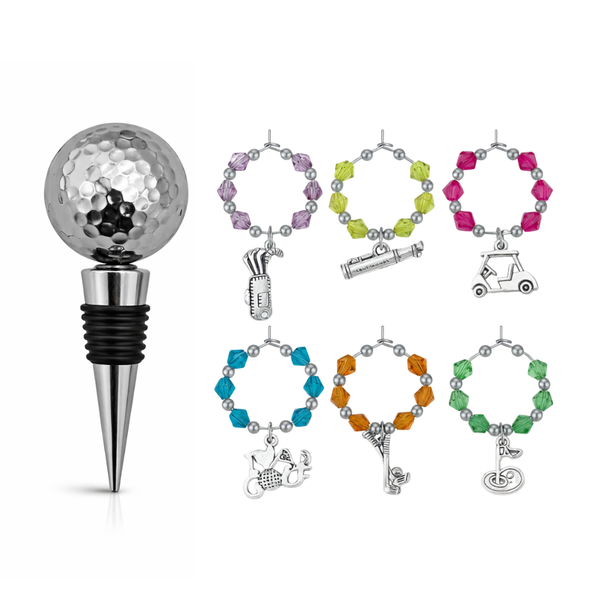 Golf Wine Stopper & Wine Charm Gift Set