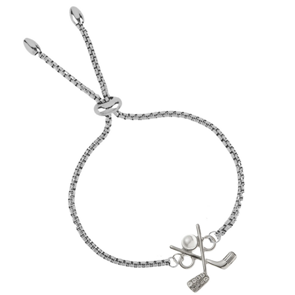 Golf Pearl Slider Bracelet in stainless steel, adjustable and tarnish-free, perfect golf jewelry gift for women.