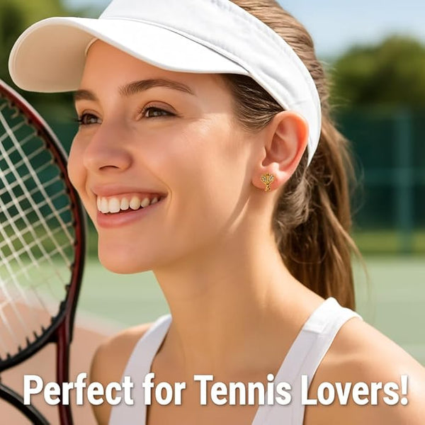 Smiling woman wearing tennis racket stud earrings, perfect gift for tennis lovers.