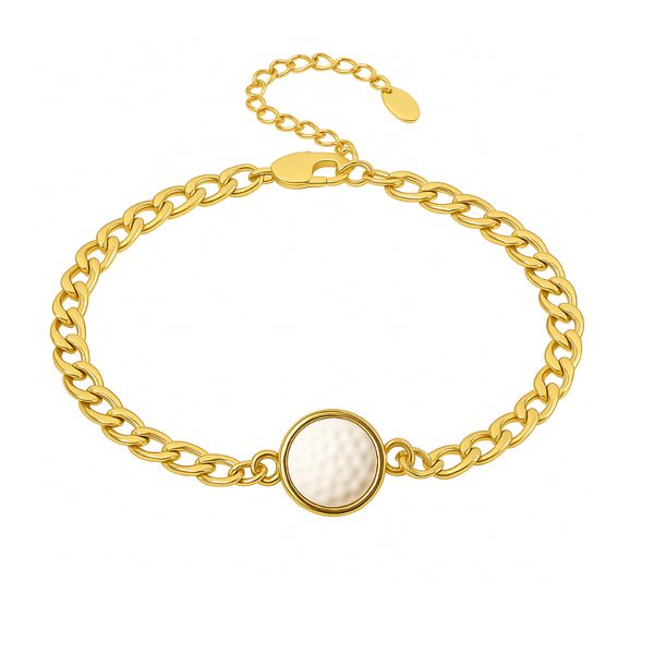 Gold curb chain bracelet with golf club charm and pearl-like ball, perfect womens golf gift and stylish golf accessory.