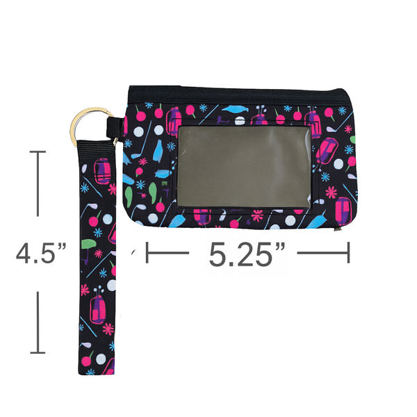 Stylish Golf Wristlet Set with Clear ID Slot and Matching Patterned Strap – Golf Bag, Tee, and Ball Print Design