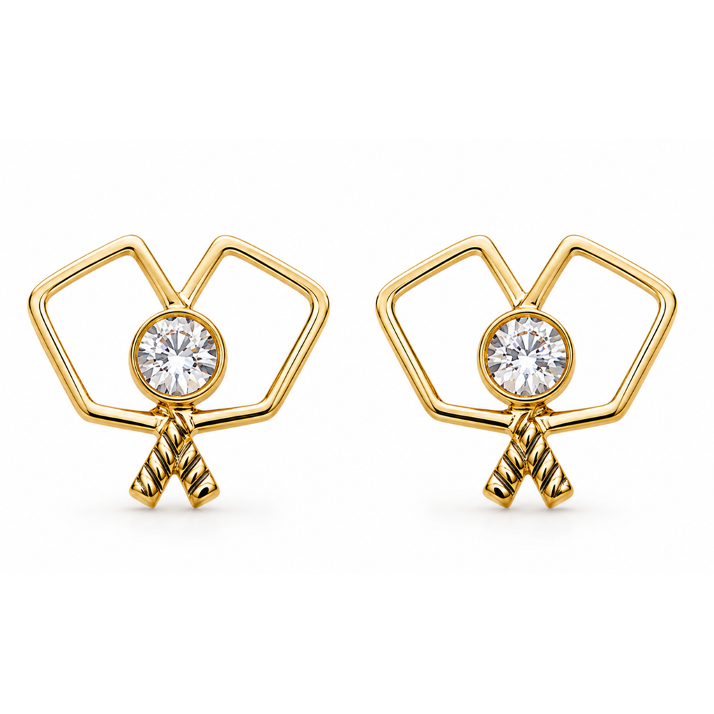 Gold Double Pickleball Paddle CZ Stud Earrings