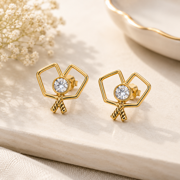 Gold Double Pickleball Paddle CZ Stud Earrings
