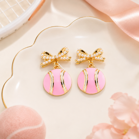 Pink Pearl Tennis Bow Earrings