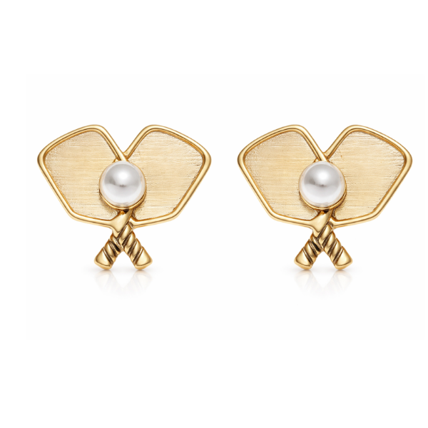 Gold Pickleball Pearl Paddle Stud Earrings