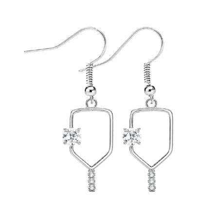 Pickleball Silver Rhinestone Dangle Earrings