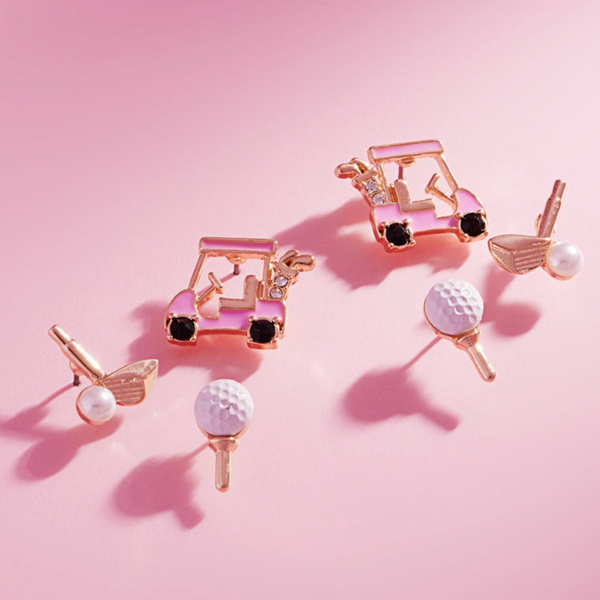Golf earrings set with pink golf carts, golf clubs, and golf balls, perfect golf gifts and accessories for enthusiasts.
