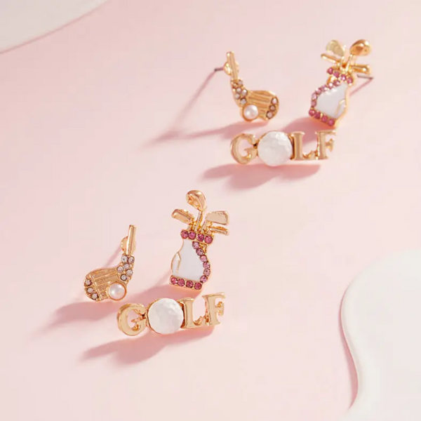 Tee Time Trio Earrings set showcasing golf clubs, golf bags, and golf ball designs, perfect golf gifts and accessories.