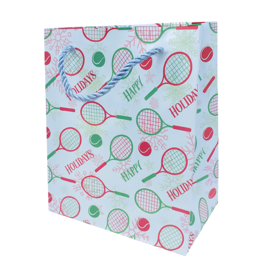 Tennis Holiday Gift Bag featuring festive rackets, tennis balls, and snowflakes, ideal for tennis lovers.