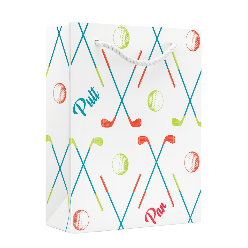 Vibrant golf gift bag featuring colorful golf balls, clubs, and playful 'Putt' and 'Par' designs. Ideal golf gift for women.