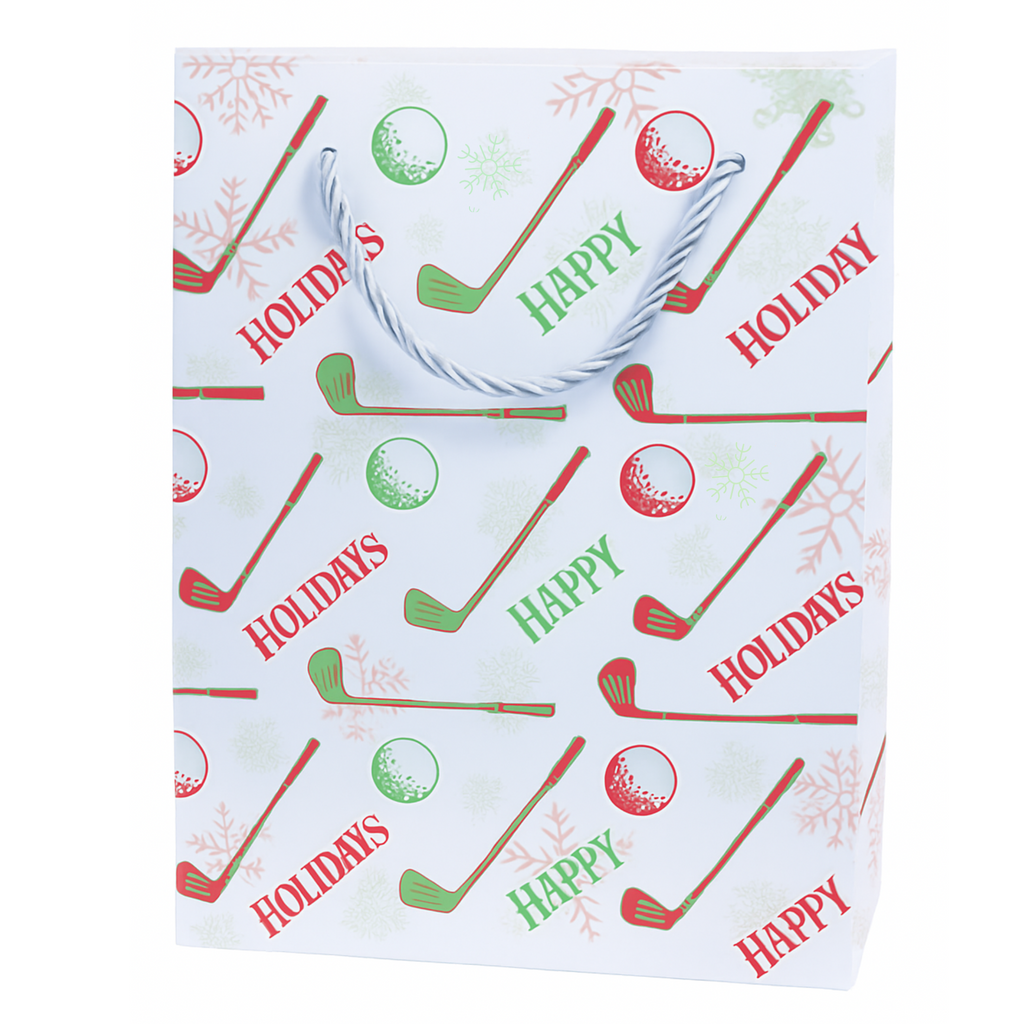 Golf holiday gift bag with red and green golf clubs and balls, perfect for golf lovers. Ideal golf gift for women.