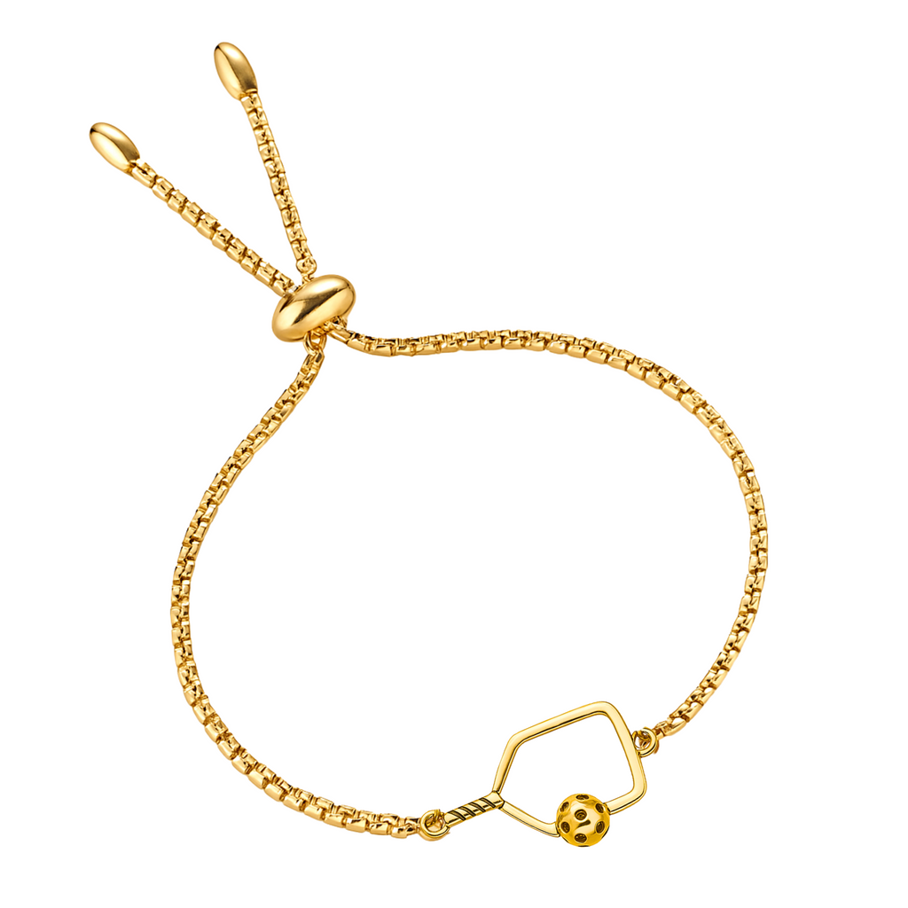 Adjustable gold pickleball bracelet with an open paddle charm and matching gold pickleball, elegant jewelry gift for pickleball players and fans