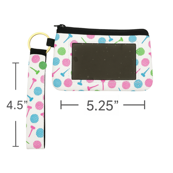 White Golf Wristlet and Pouch Set with ID Window and Colorful Polka Dot Tee Pattern in Pink, Green, and Blue