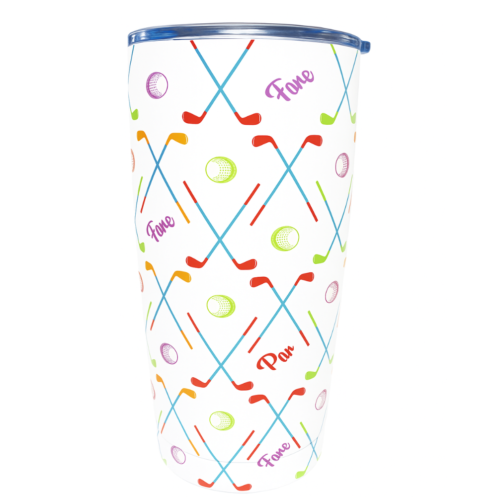 Colorful golf-themed stainless steel tumbler featuring crossed golf clubs, golf balls, and text like "Fore" and "Par" on a bright white background.