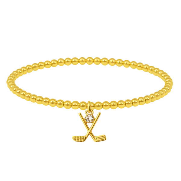 Gold golf beaded charm bracelet for women, includes adjustable elastic string and a free gift bag, perfect golf accessory.