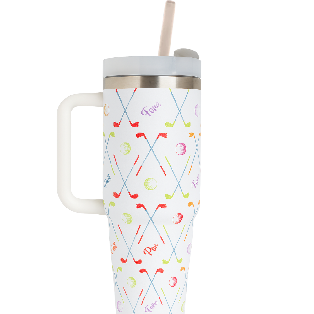 Golf-themed 30oz tumbler gift with colorful crossed golf clubs and balls pattern.