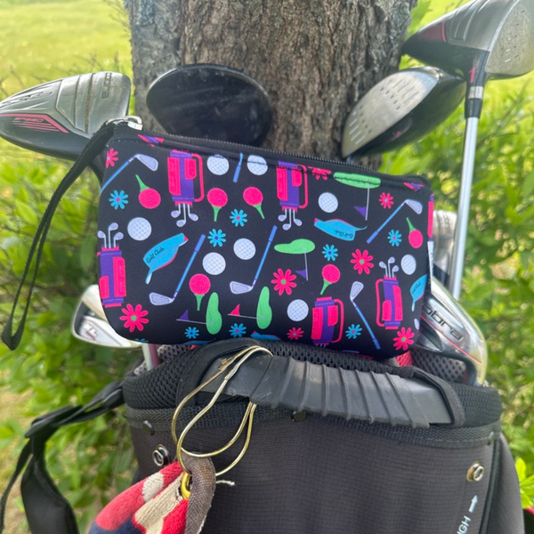 Par-fect Golf Wristlet Pouch Purse with colorful golf theme, perfect as a lightweight golf gift for on-the-go essentials.