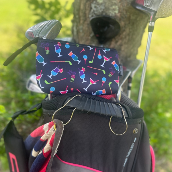 Par Tee Golf Wristlet Pouch with colorful cocktail design on golf bag, perfect golf gift for stylish on-the-go convenience.