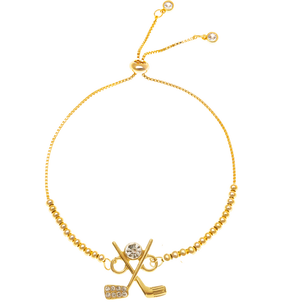 Gold beaded charm slider bracelet featuring golf club design, tarnish free, perfect golf jewelry gift for women.