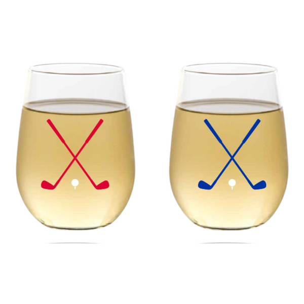 Set of 2 shatterproof plastic wine tumblers with golf club design, perfect women's golf gifts.
