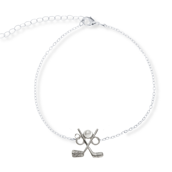 Silver golf charm bracelet with pearl and rhinestone detailing, perfect golf jewelry gift for women.