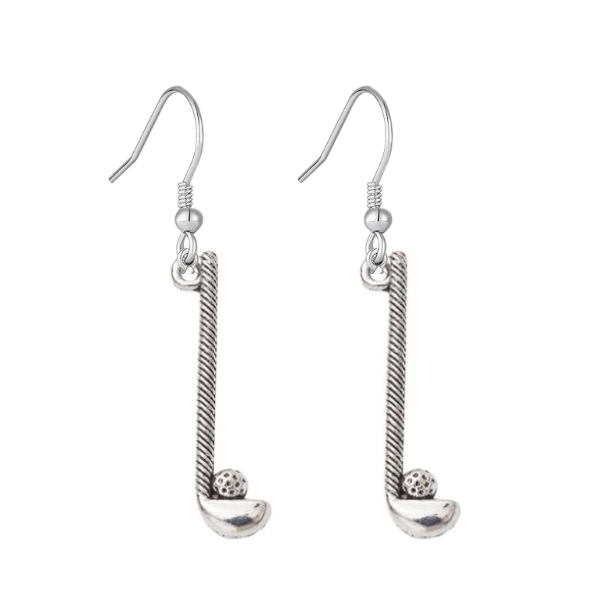 Silver-tone golf club and ball earrings, perfect golf gifts for women, stylish and lightweight accessory for golf lovers.