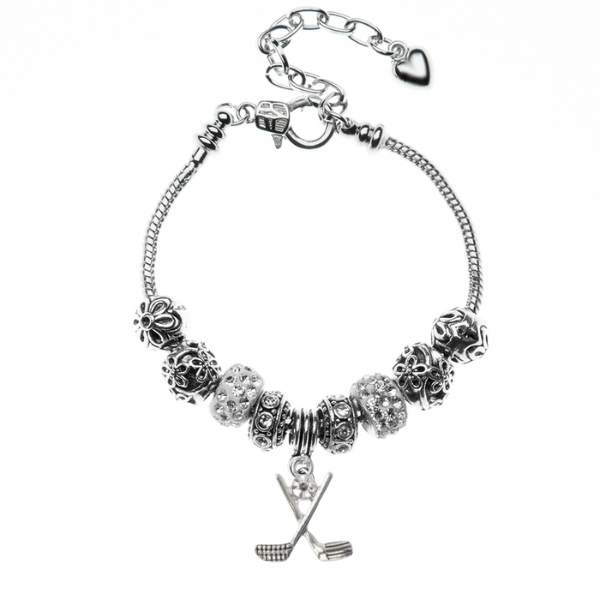 Golf White and Silver European Beaded Charm Bracelet