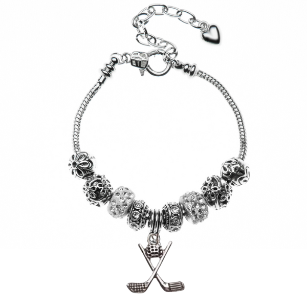 Golf White and Silver European Beaded Charm Bracelet