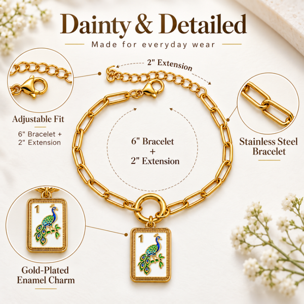 Peacock Mahjong Charm Paperclip Bracelet