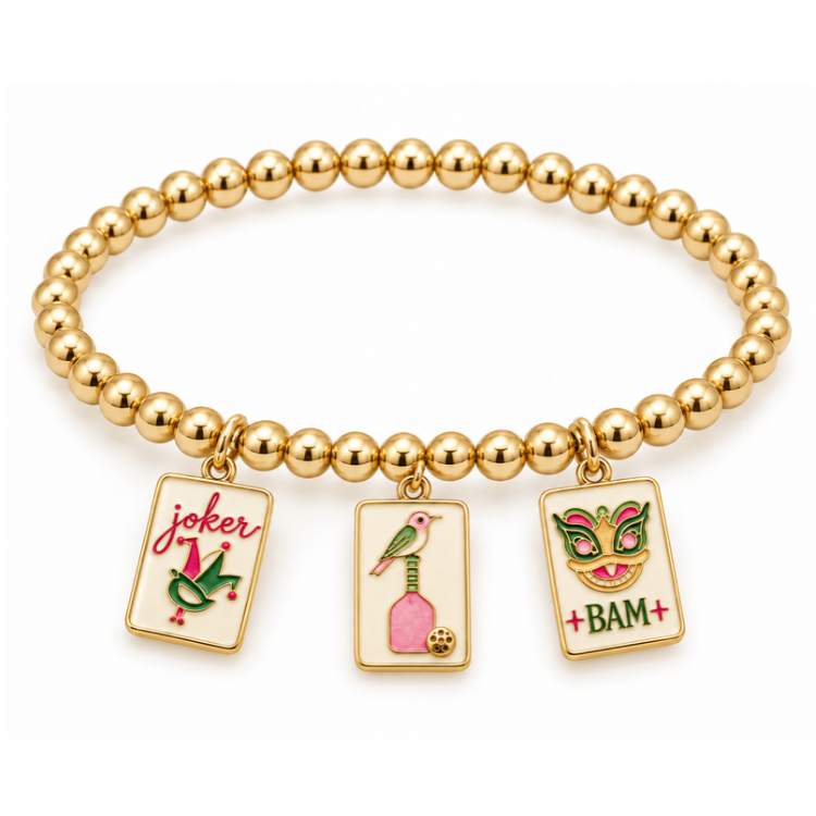 Mahjong & Pickleball Gold Beaded Charm Bracelet