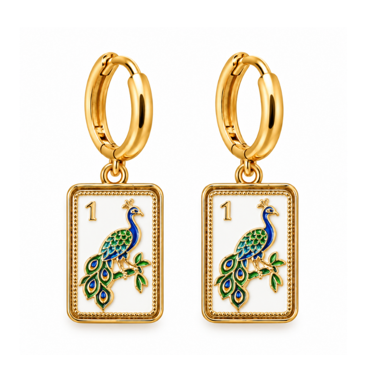 Mahjong Bam Peacock Huggie Earrings