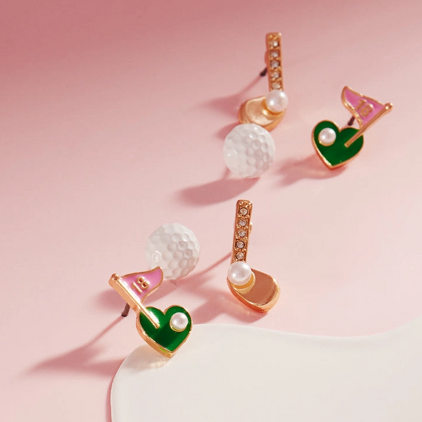 Par-fect Swing 3pc Earring Set featuring golf club, flag, and ball designs – perfect golf gifts and accessories.