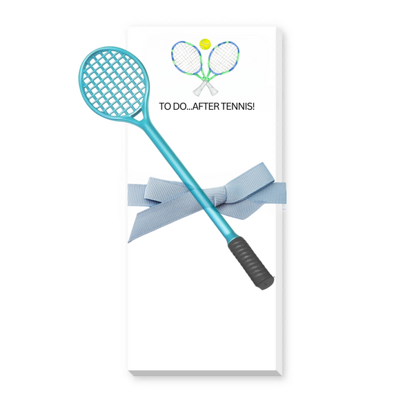Tennis notepad set with fun tennis theme and blue pen, perfect tennis gift and accessory for organizers.
