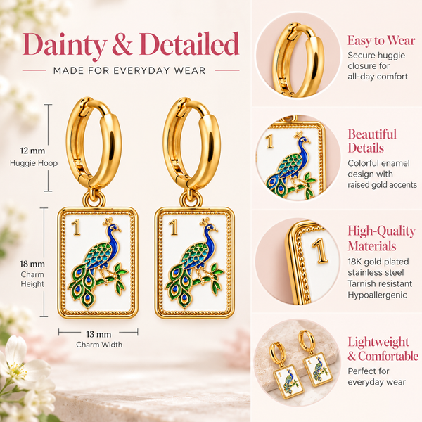 Mahjong Bam Peacock Huggie Earrings