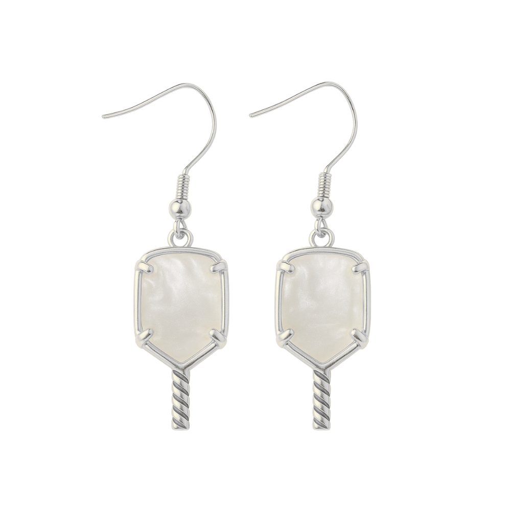 Silver pickleball paddle dangle earrings with mother of pearl design, lightweight and tarnish-free, perfect pickleball gift.
