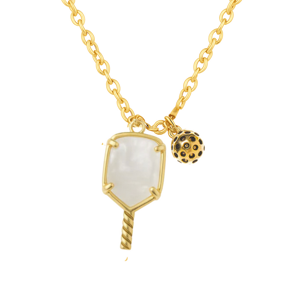 Gold pickleball paddle necklace with mother of pearl charm and pickleball ball, perfect pickleball jewelry gift for women.