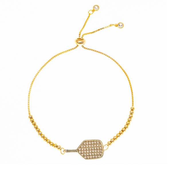 Beaded Pickleball Rhinestone Slider Bracelet - Gold