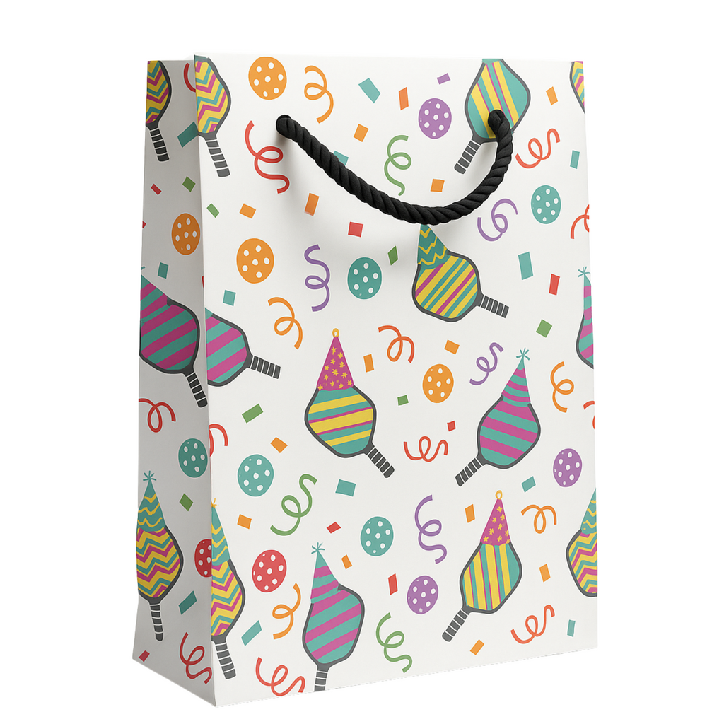 Festive pickleball birthday gift bag featuring colorful paddles, confetti, and party hats design.