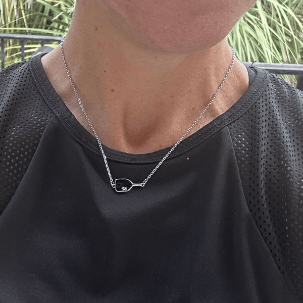 Women Wearing Sterling Silver Pickleball Paddle Necklace 
