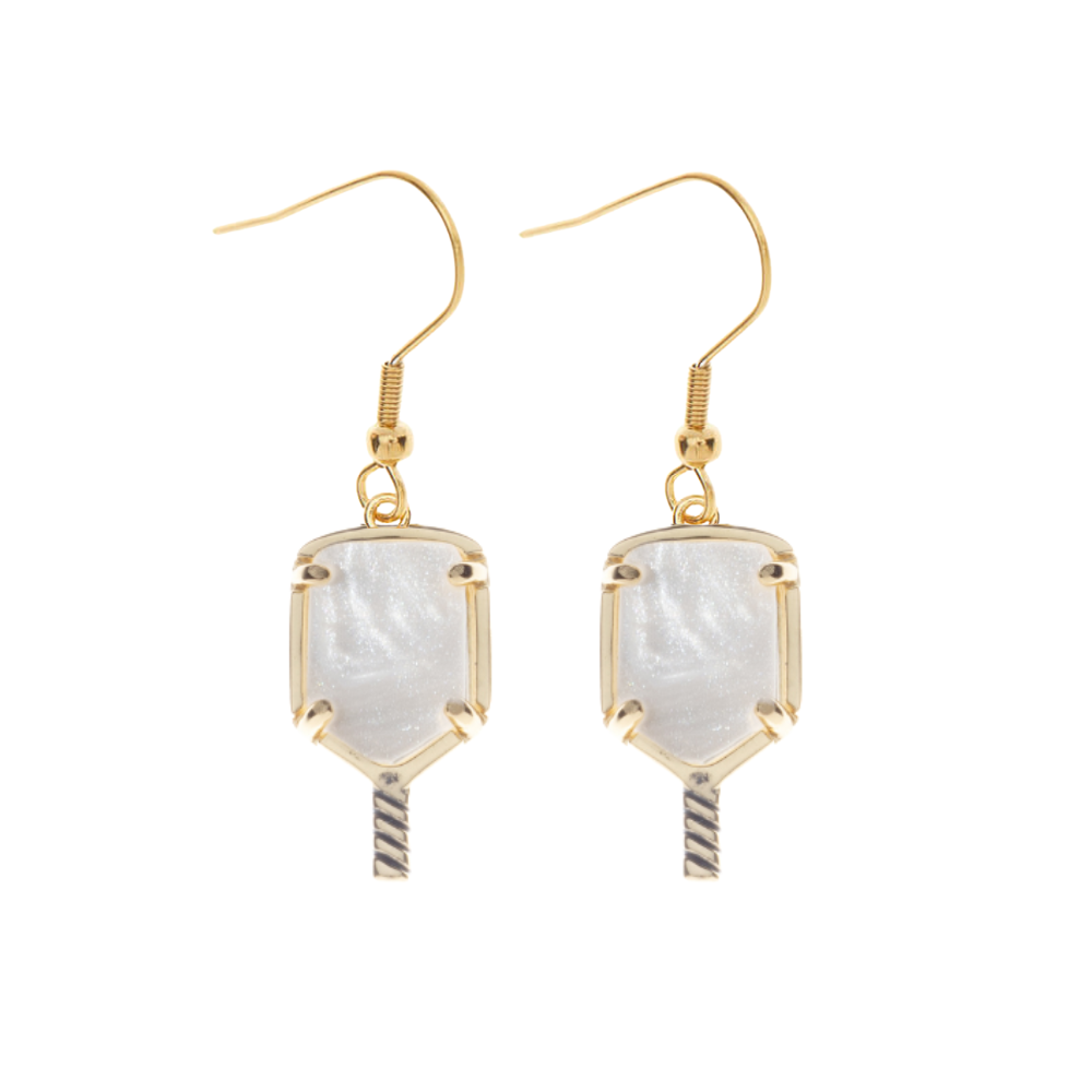 Gold Pickleball Mother of Pearl Dangle Earrings