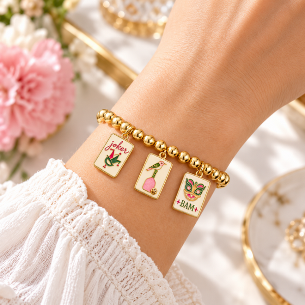 Mahjong & Pickleball Gold Beaded Charm Bracelet