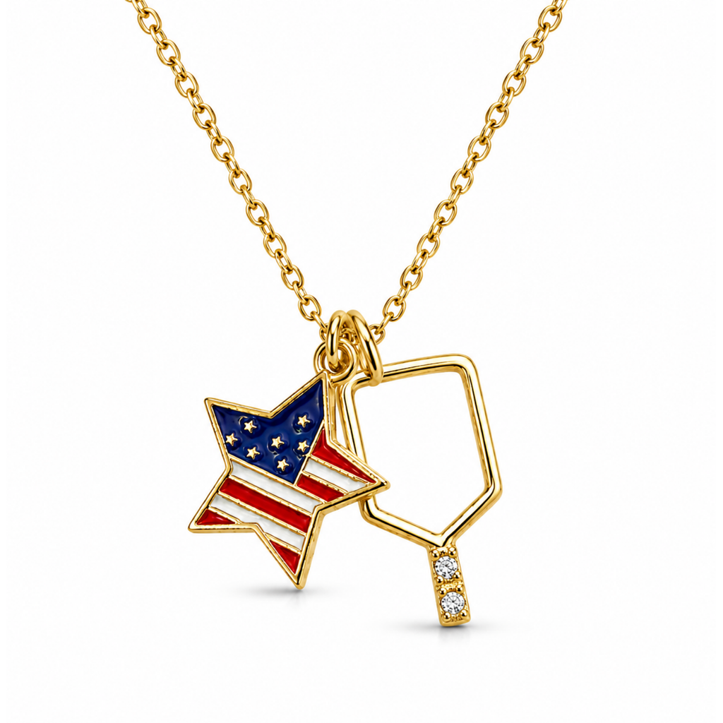 Pickleball USA Flag Gold Necklace