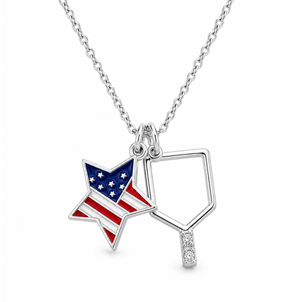 Pickleball USA Flag Silver Necklace