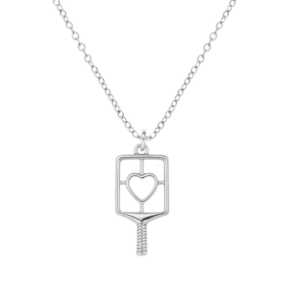 Silver pickleball paddle necklace pendant with an open heart design in the center and a wrapped handle detail, romantic jewelry gift for pickleball lovers