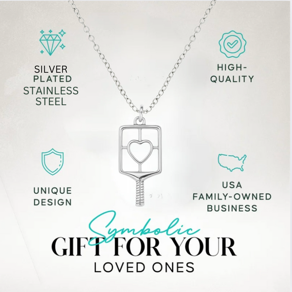 Silver plated pickleball paddle necklace, high-quality jewelry gift for pickleball lovers by USA family-owned brand.