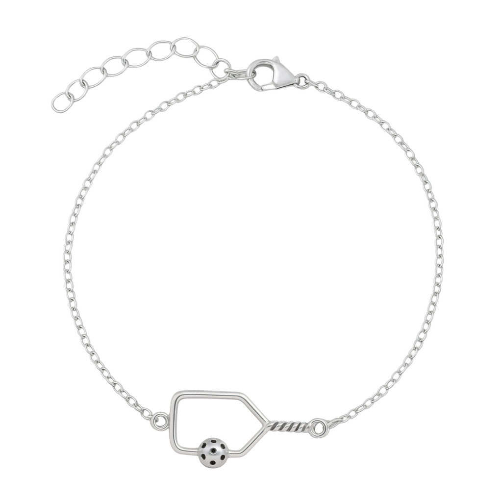 Delicate silver pickleball bracelet featuring an open paddle charm with a small pickleball and twisted handle detail, adjustable chain clasp, perfect jewelry gift for pickleball enthusiasts