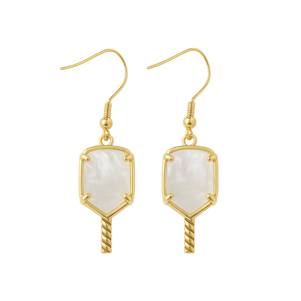 Gold pickleball paddle earrings with mother of pearl, tarnish-free jewelry for pickleball lovers.